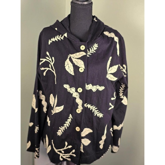 Sweaters - M. MAC Womens Black Cream Leaf Print Hooded Button Front Cardigan Size Large